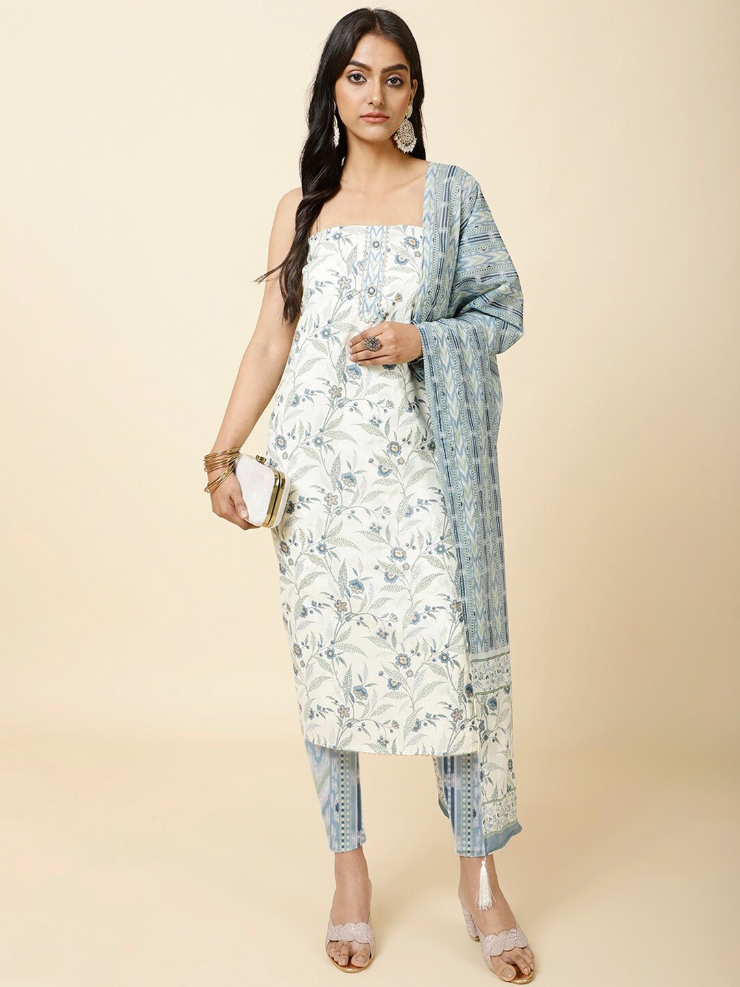 

Meena Bazaar Floral Printed Unstitched Dress Material, Cream