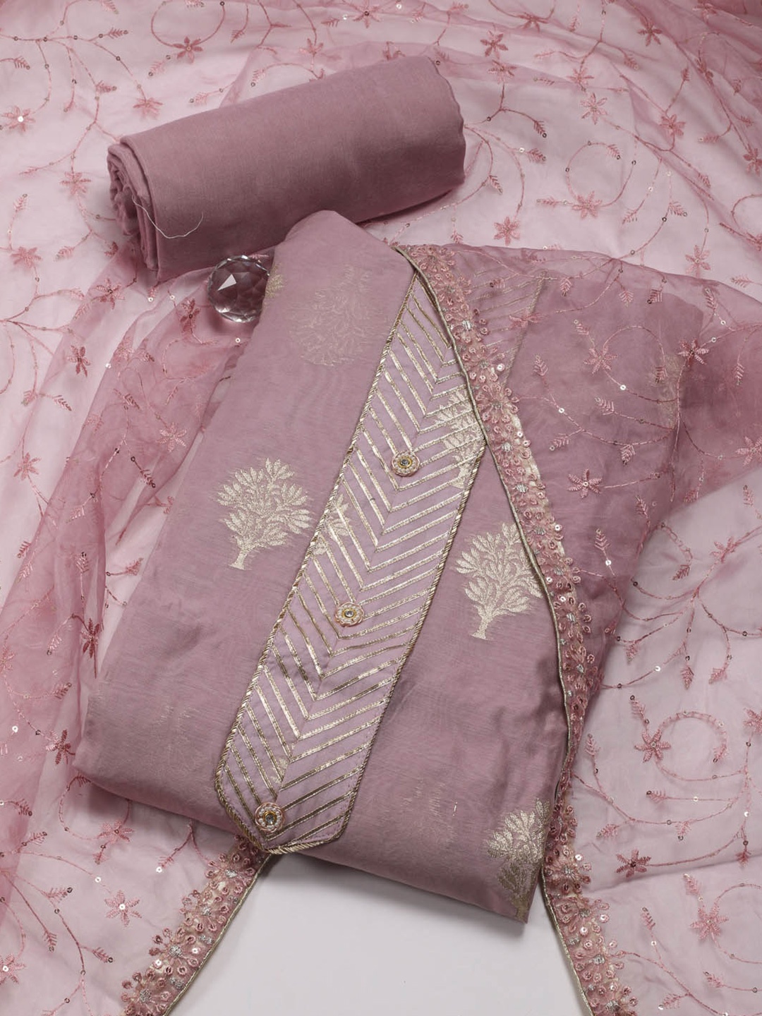 

Meena Bazaar Ethnic Motifs Woven Design Art Silk Unstitched Dress Material, Pink