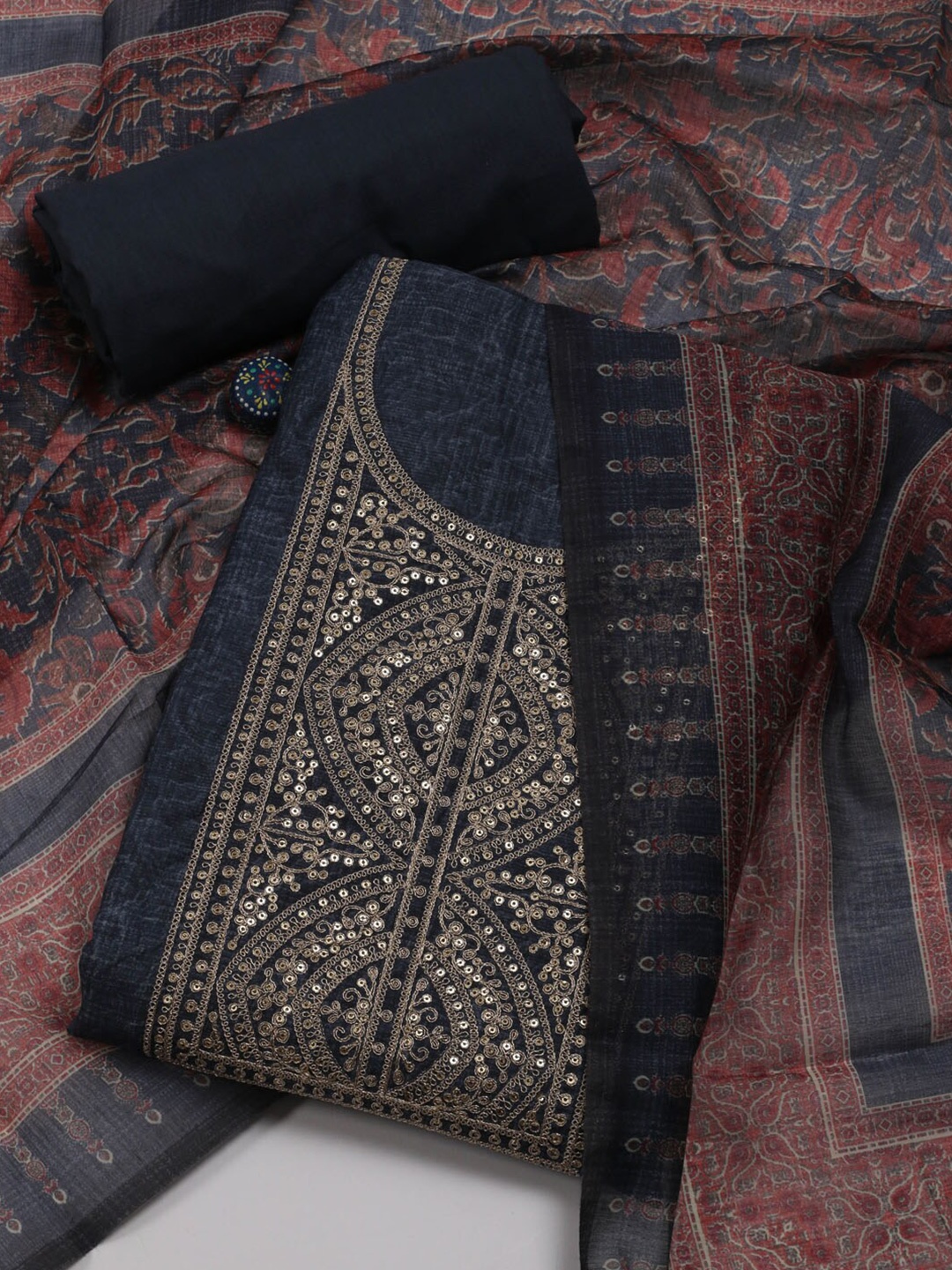 

Meena Bazaar Embroidered Art Silk Unstitched Dress Material, Blue
