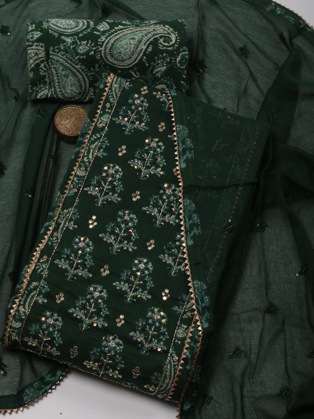 

Meena Bazaar Floral Printed Sequined Cotton Unstitched Dress Material, Green