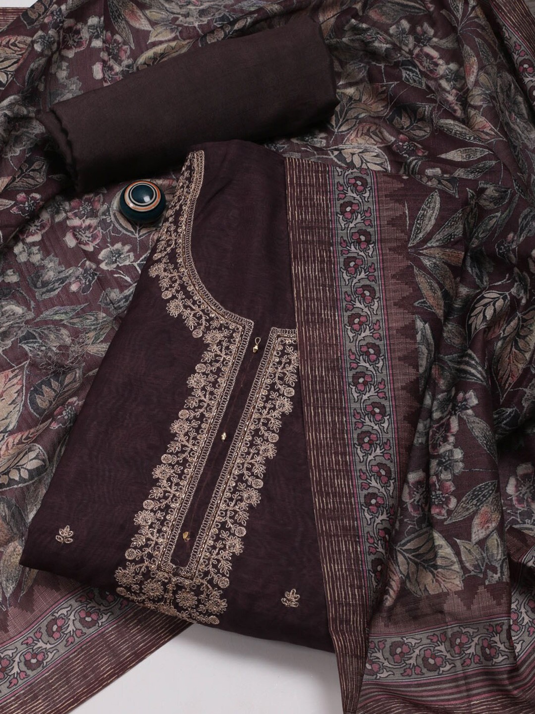 

Meena Bazaar Ethnic Motifs Embroidered Art Silk Unstitched Dress Material, Brown