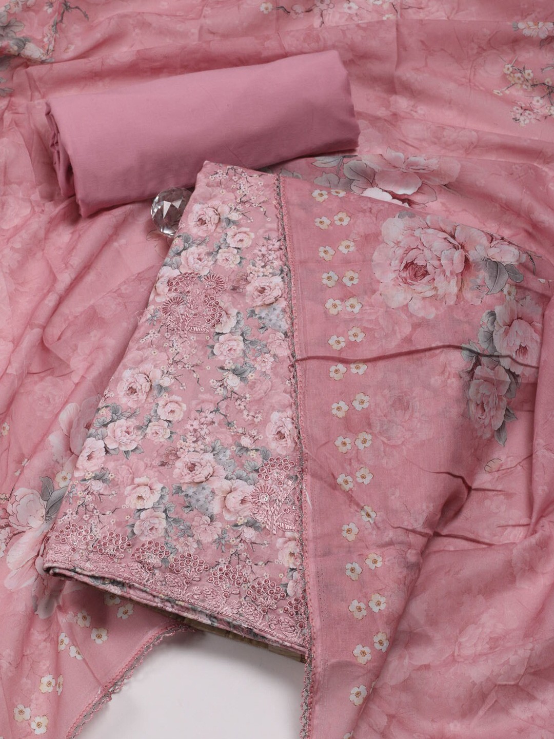 

Meena Bazaar Floral Printed Cotton Unstitched Dress Material, Pink