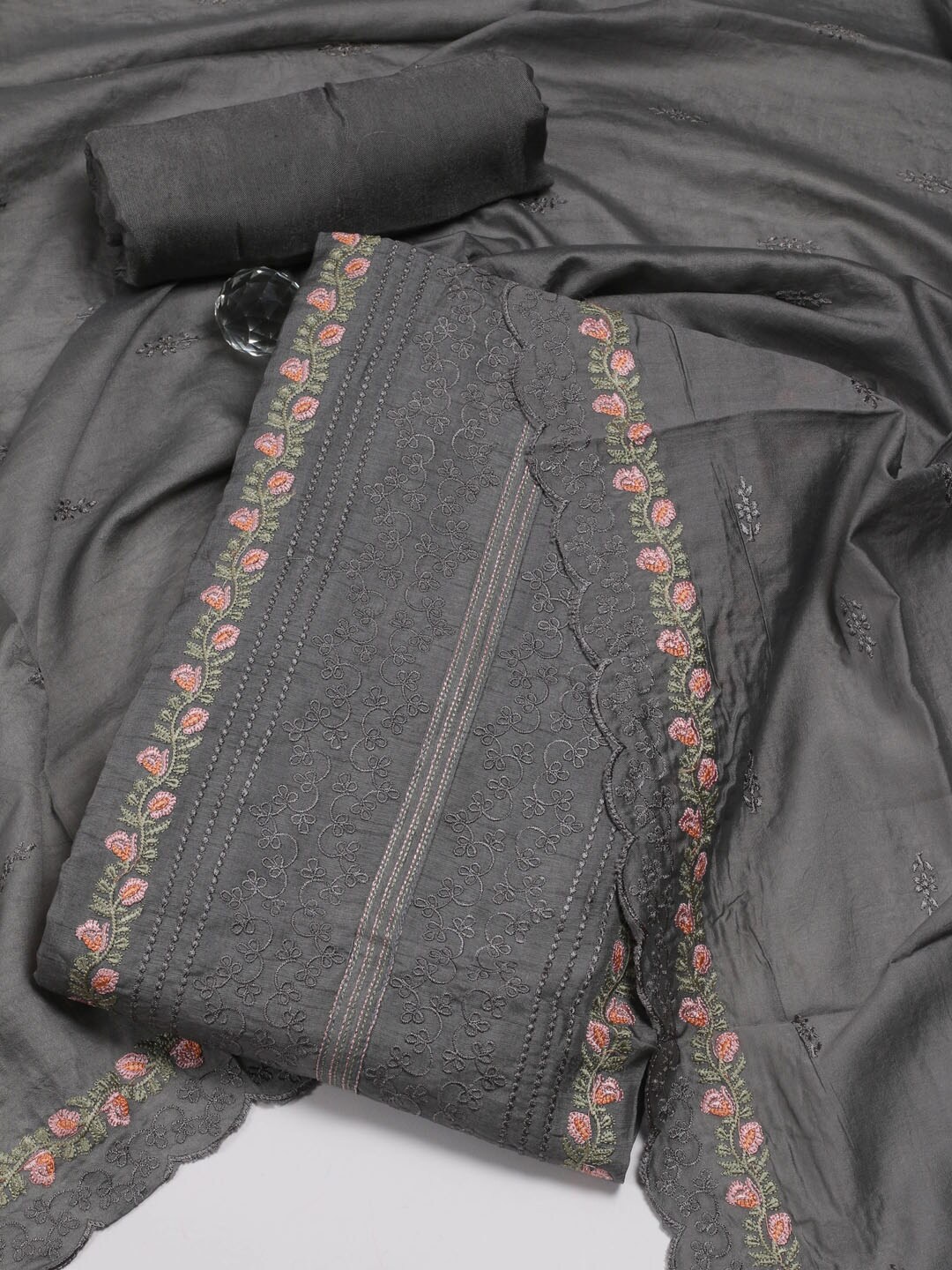 

Meena Bazaar Floral Embroidered Unstitched Dress Material, Grey