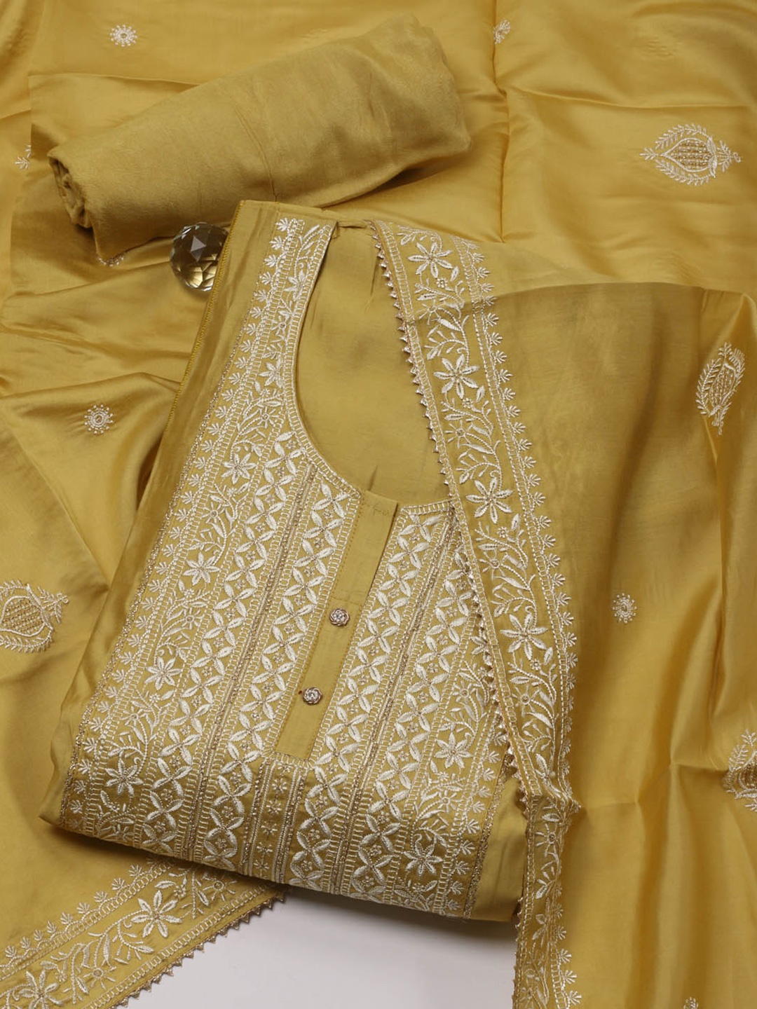 

Meena Bazaar Floral Embroidered Sequined Unstitched Dress Material, Yellow