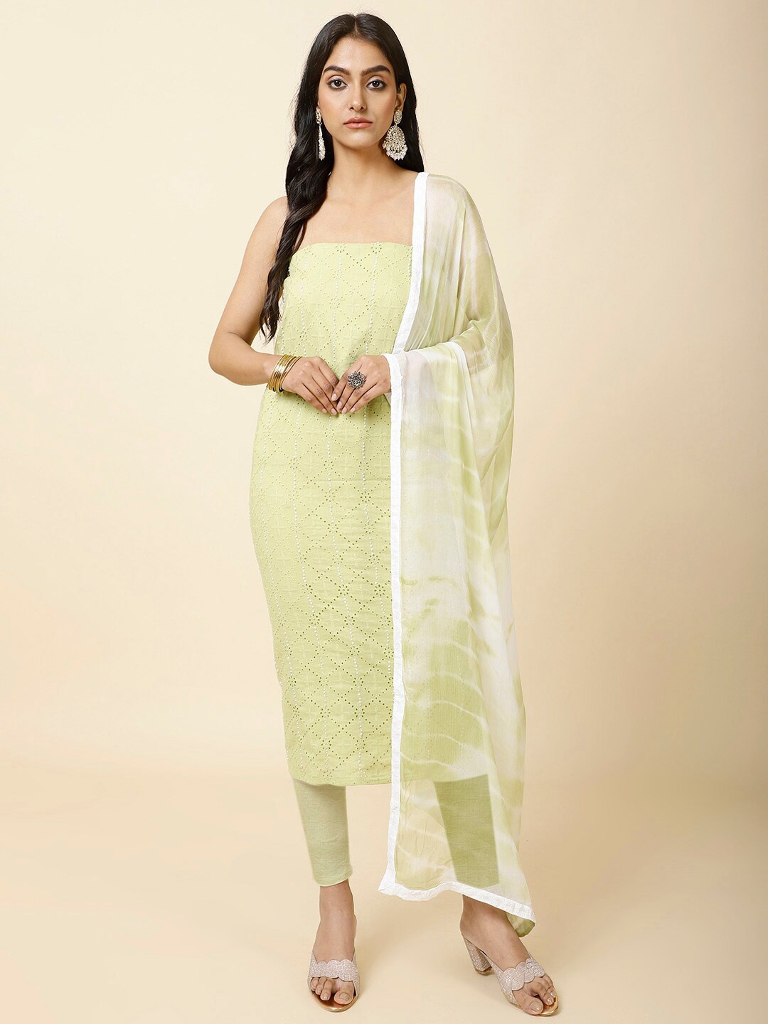 

Meena Bazaar Self Design Unstitched Dress Material, Lime green