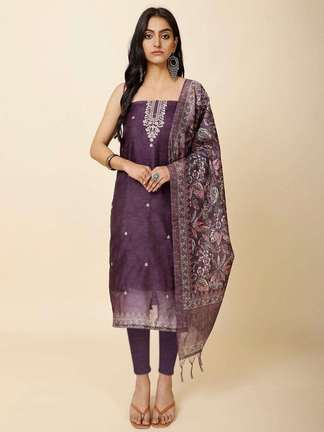 

Meena Bazaar Ethnic Motif Embroidered Unstitched Dress Material, Purple