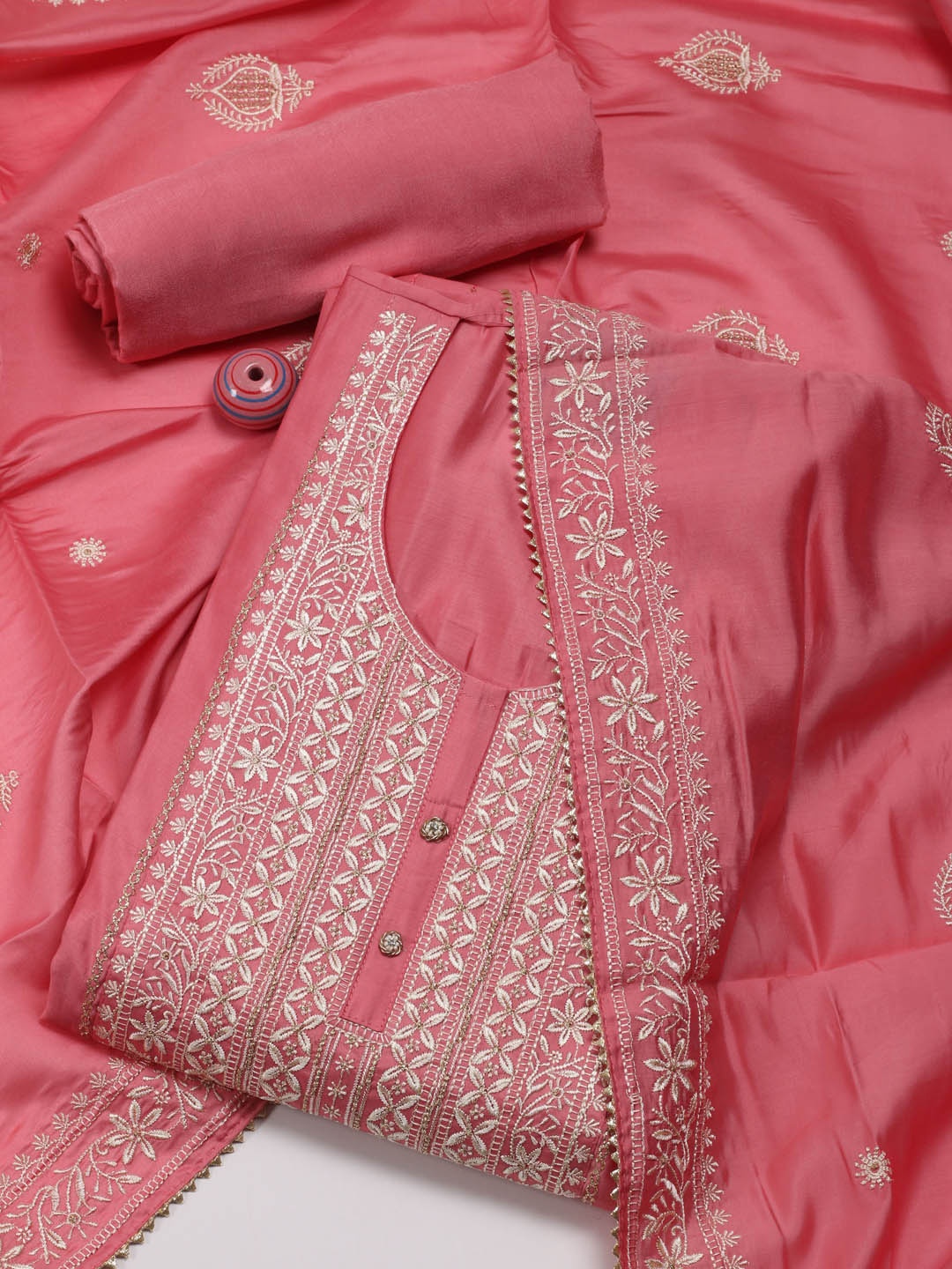 

Meena Bazaar Ethnic Motif Embroidered Unstitched Dress Material, Pink