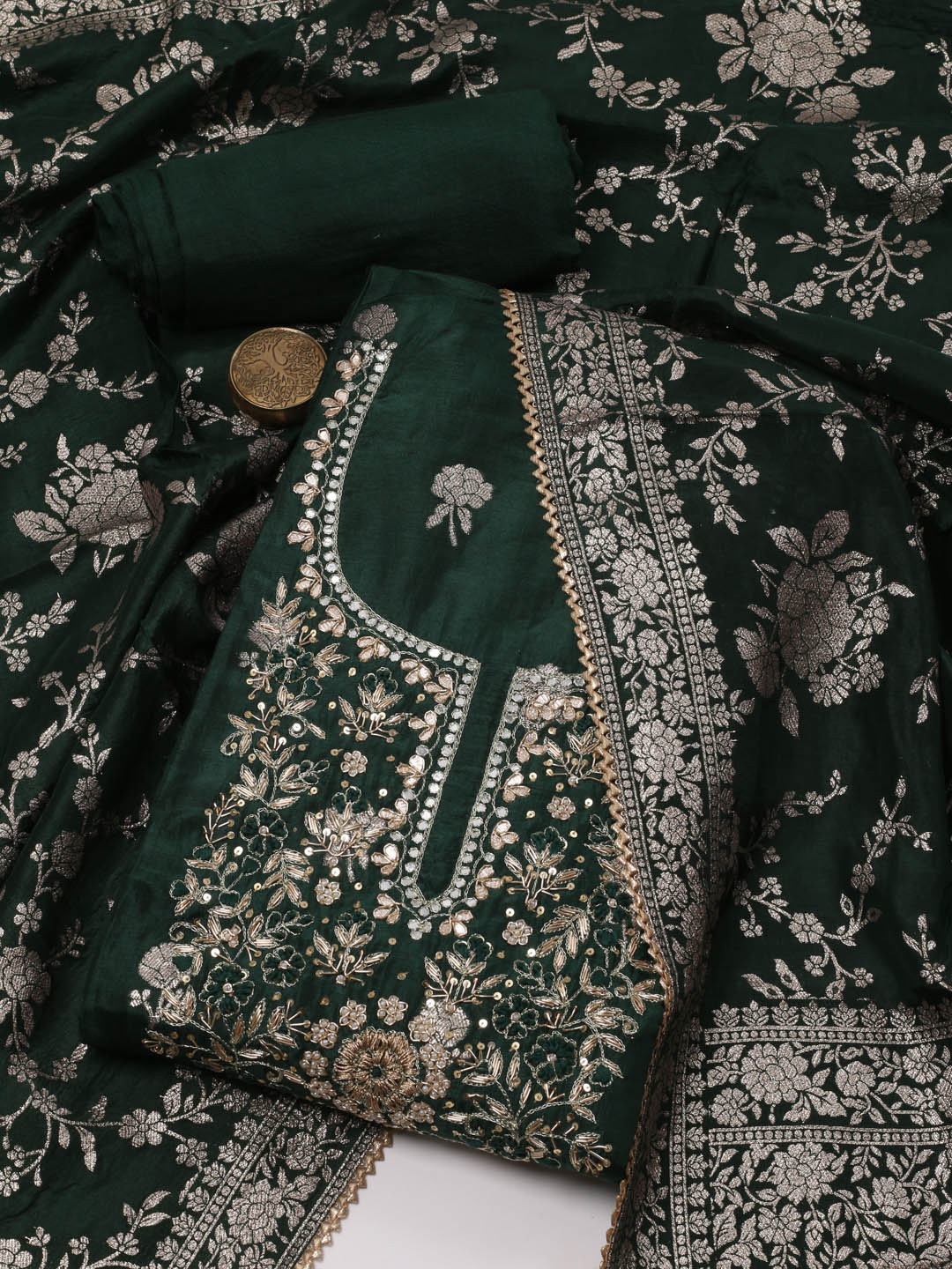 

Meena Bazaar Floral Woven Design Unstitched Dress Material, Green