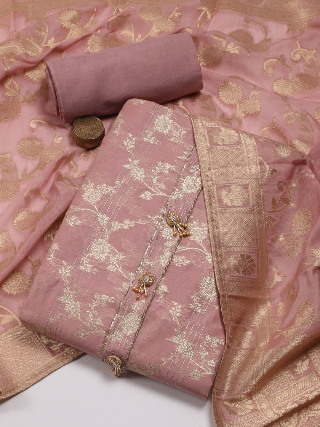 

Meena Bazaar Floral Woven Design Unstitched Dress Material, Pink