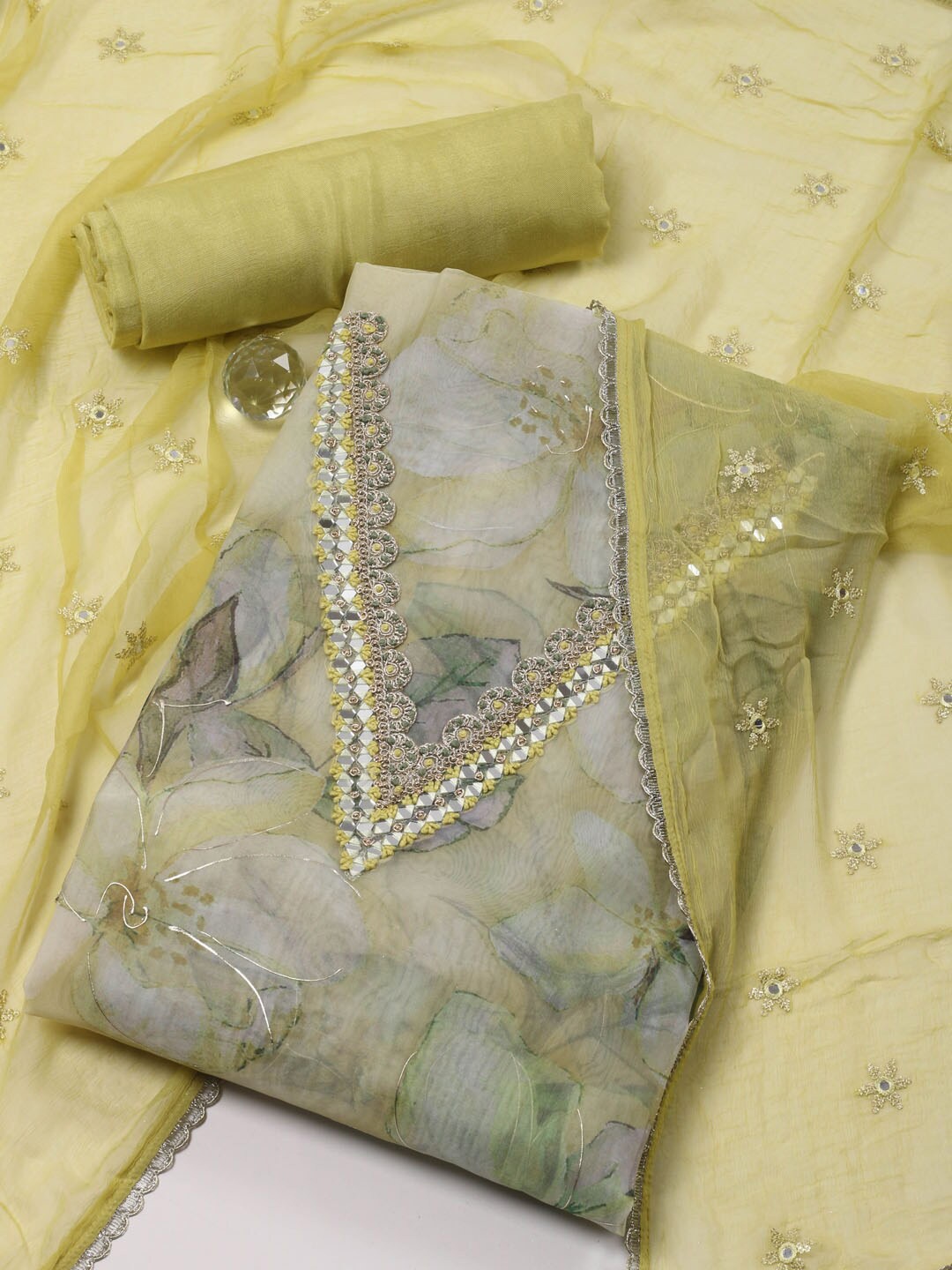 

Meena Bazaar Floral Printed Organza Unstitched Dress Material, Green
