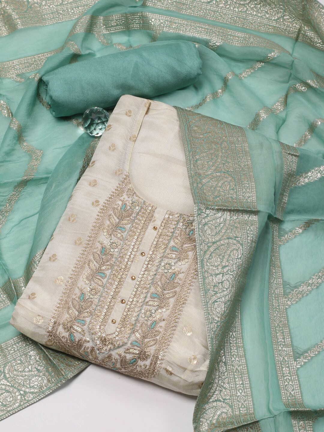 

Meena Bazaar Ethnic Motifs Woven Design Sequinned Unstitched Dress Material, Cream