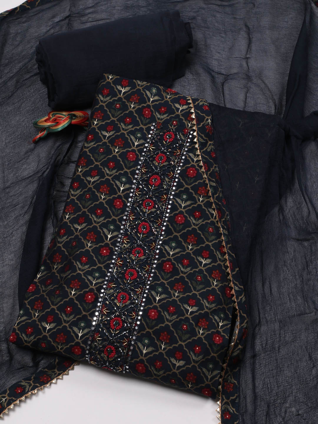 

Meena Bazaar Floral Printed Beads and Stones Unstitched Dress Material, Navy blue