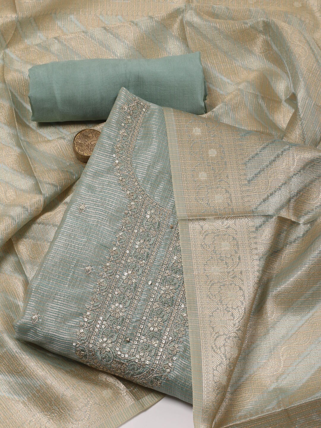 

Meena Bazaar Floral Embroidered Unstitched Dress Material, Sea green