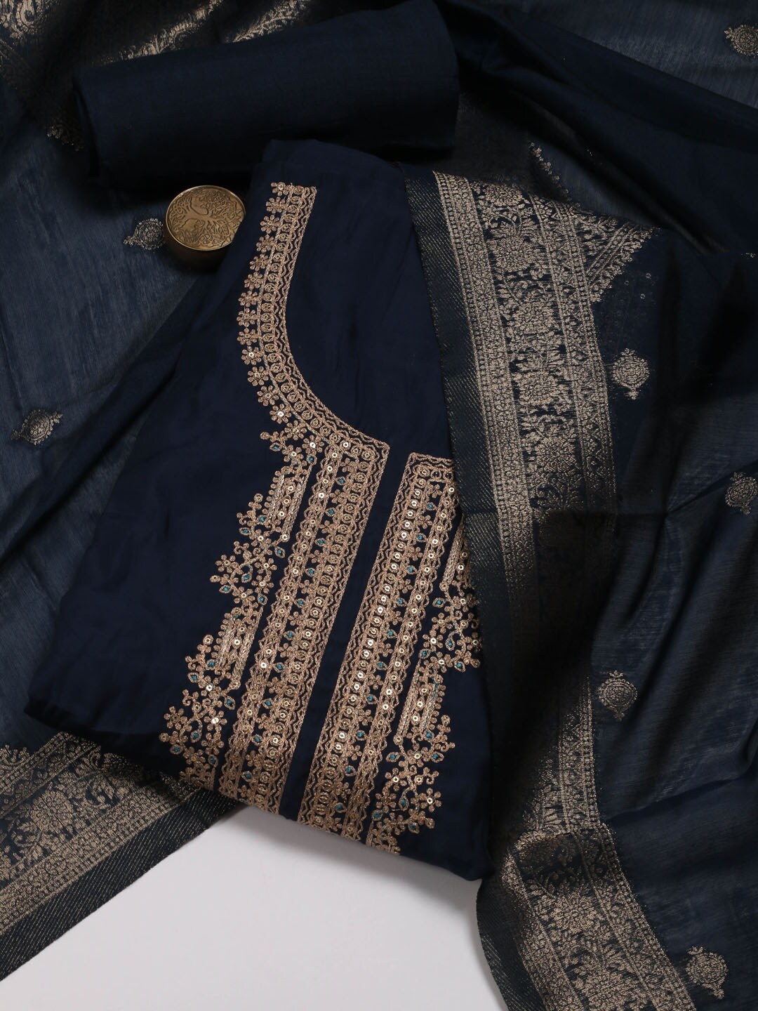

Meena Bazaar Floral Embroidered Patchwork Unstitched Dress Material, Blue