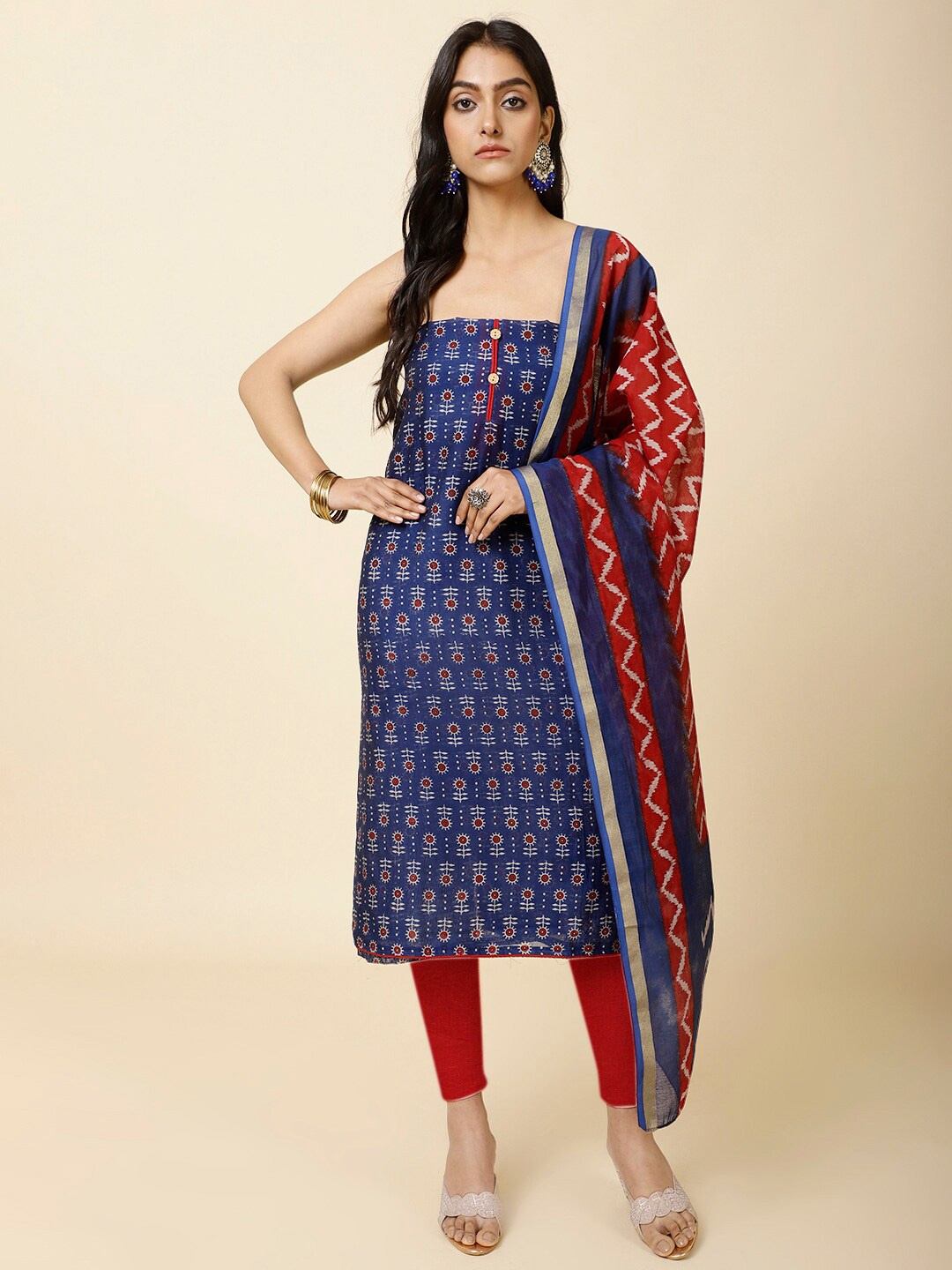 

Meena Bazaar Floral Printed Unstitched Dress Material, Blue