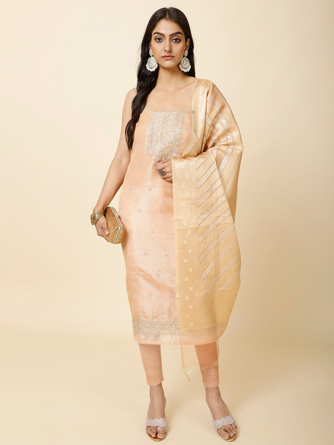 

Meena Bazaar Ethnic Motifs Embroidered Zari Unstitched Dress Material, Peach
