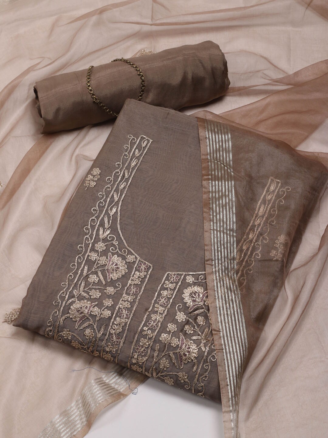 

Meena Bazaar Floral Embroidered Unstitched Dress Material, Grey
