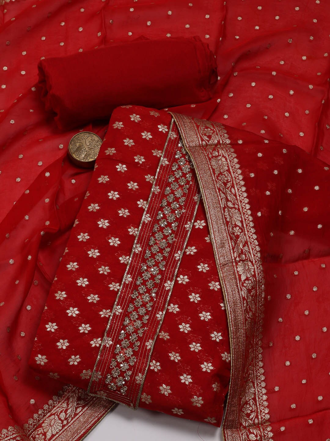 

Meena Bazaar Floral Woven Design Unstitched Dress Material, Red