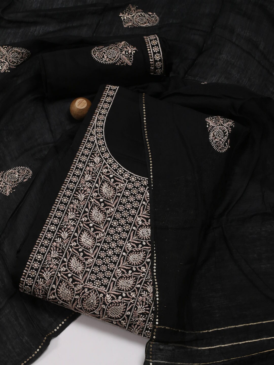 

Meena Bazaar Ethnic Motifs Embroidered Unstitched Dress Material, Black