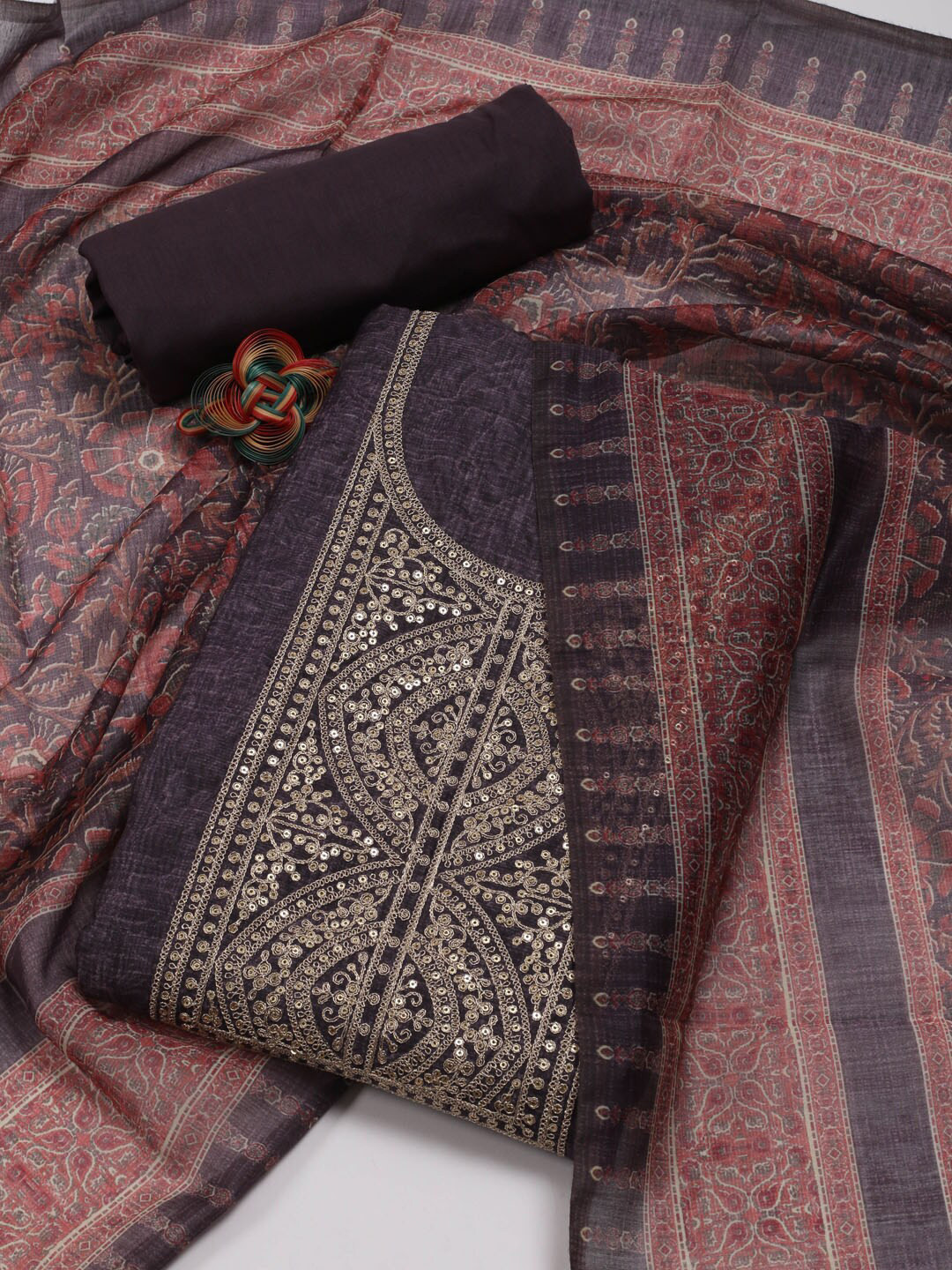 

Meena Bazaar Floral Embroidered Art Silk Unstitched Dress Material, Purple