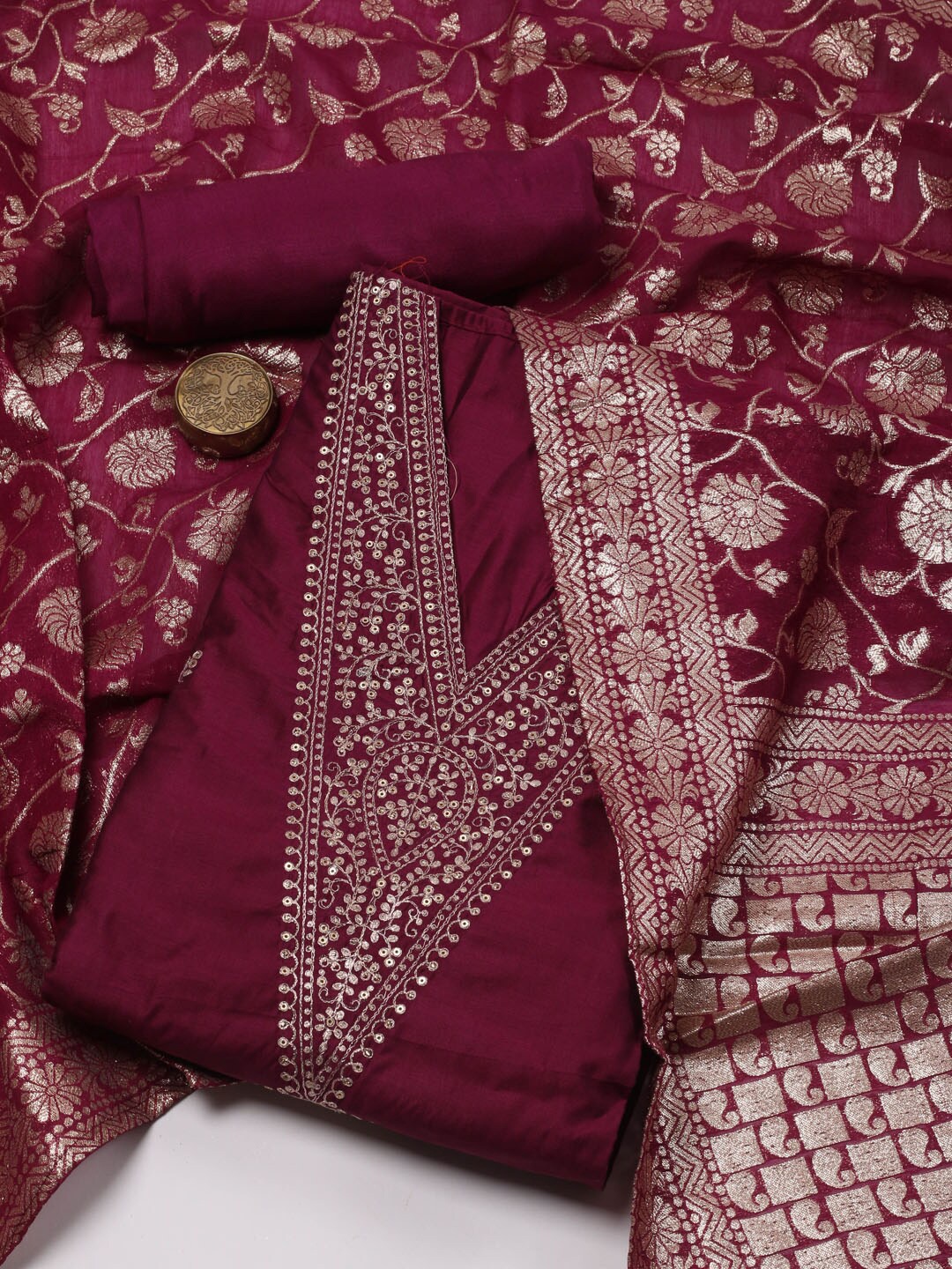 

Meena Bazaar Floral Embroidered Art Silk Unstitched Dress Material, Purple
