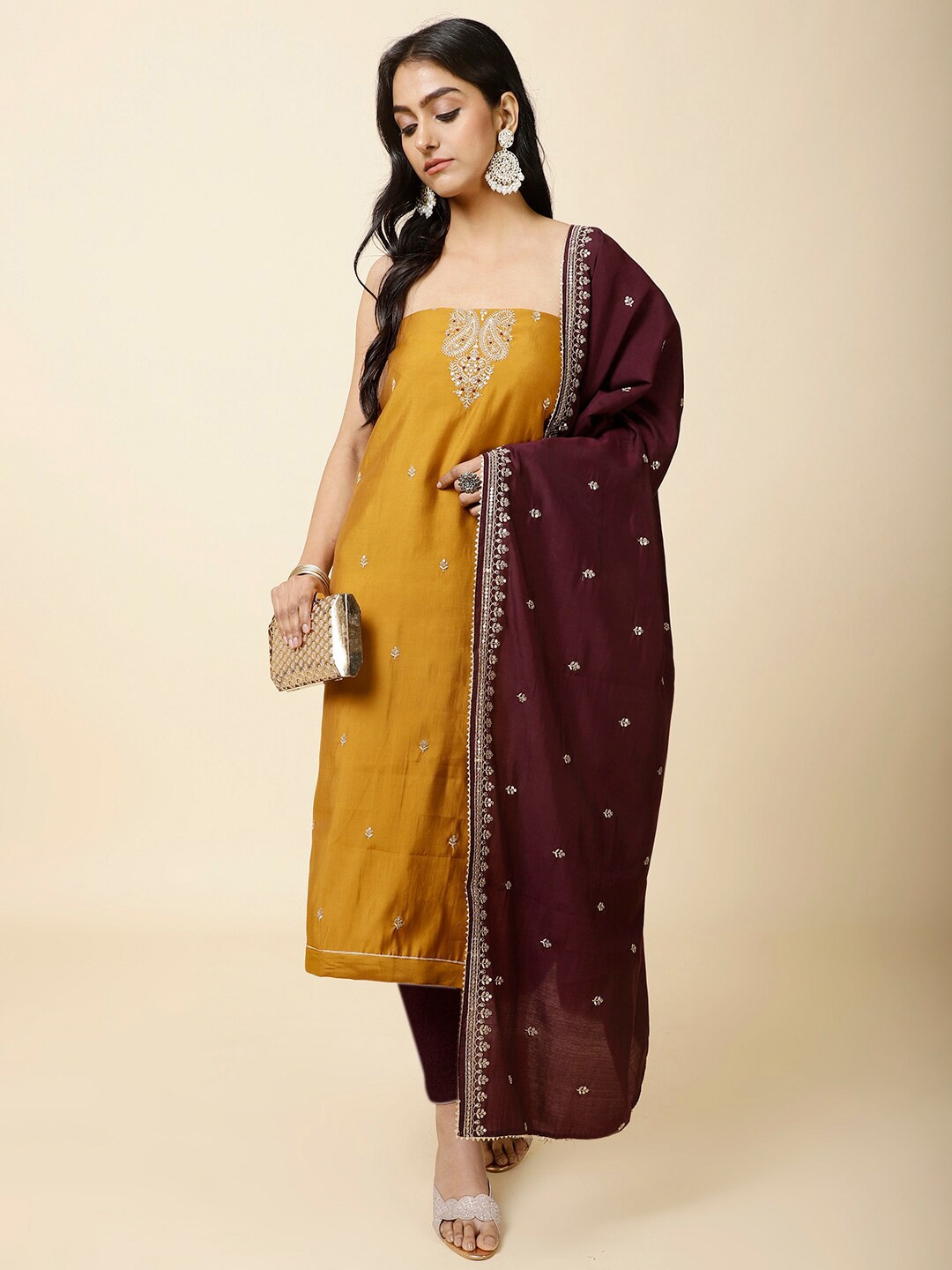 

Meena Bazaar Floral Embroidered Sequinned Art Silk Unstitched Dress Material, Mustard