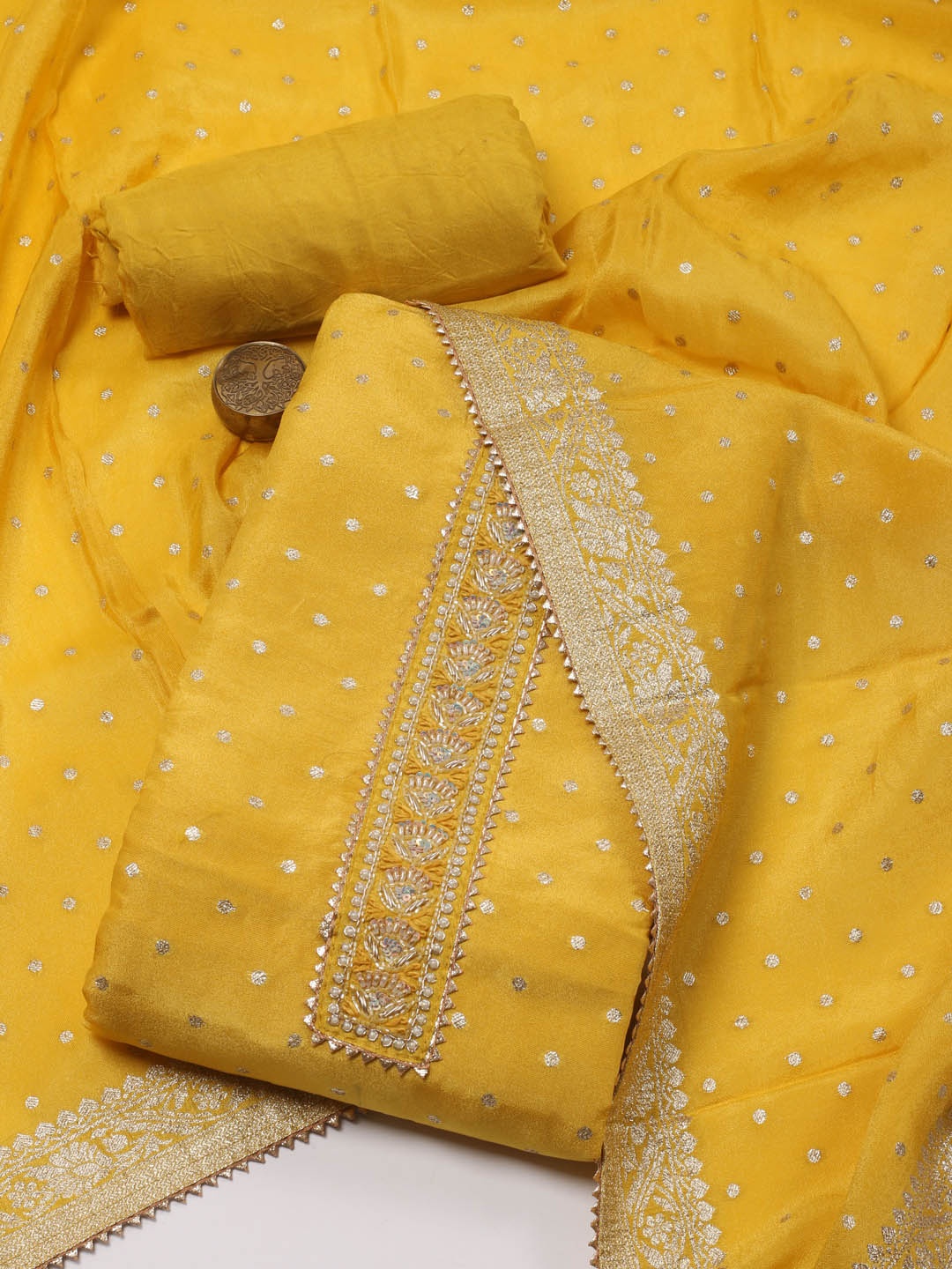 

Meena Bazaar Floral Woven Design Gotta Patti Art Silk Unstitched Dress Material, Mustard