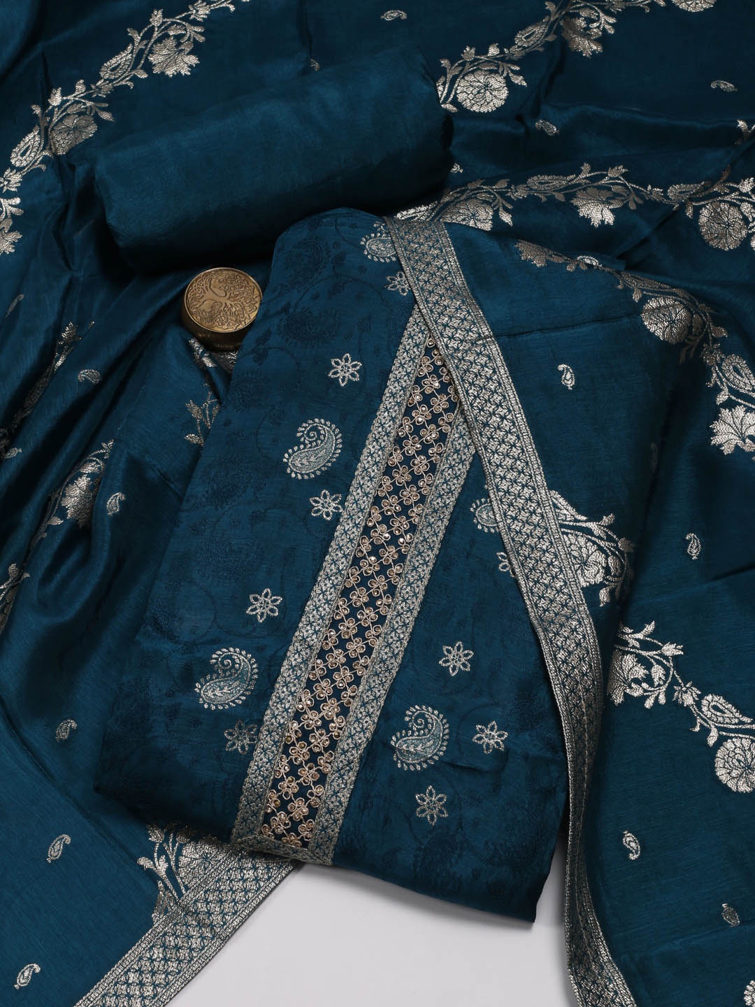

Meena Bazaar Paisley Woven Design Beads & Stones Art Silk Unstitched Dress Material, Navy blue