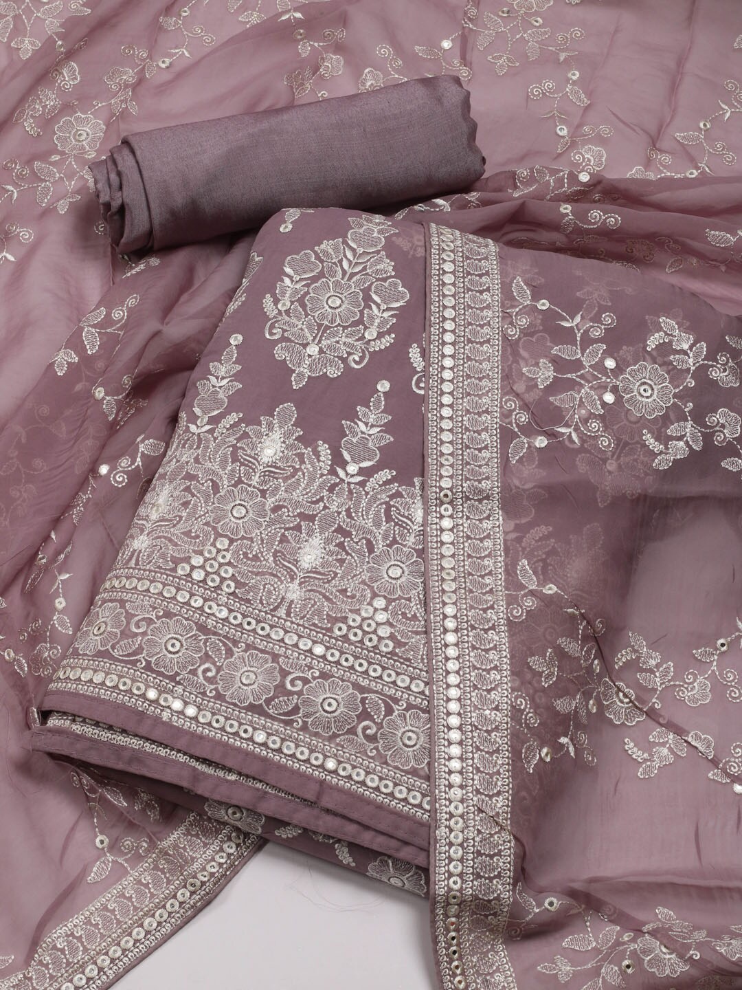 

Meena Bazaar Floral Embroidered Mirror Work Organza Unstitched Dress Material, Purple