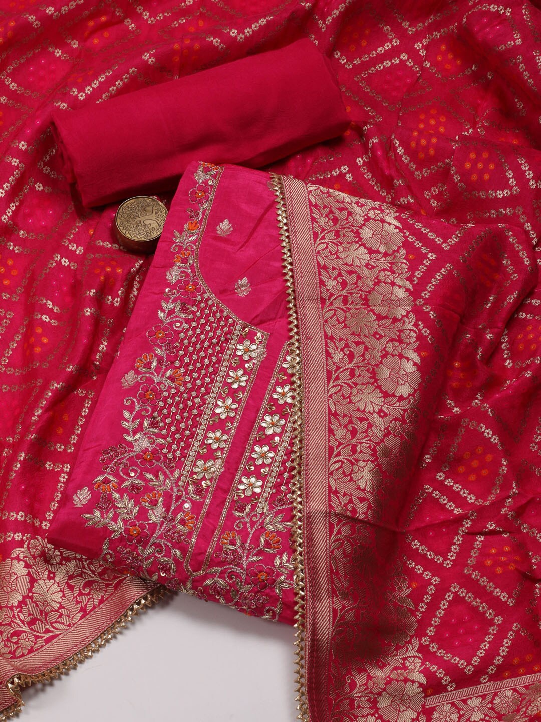 

Meena Bazaar Floral Woven Design Sequinned Art Silk Unstitched Dress Material, Pink