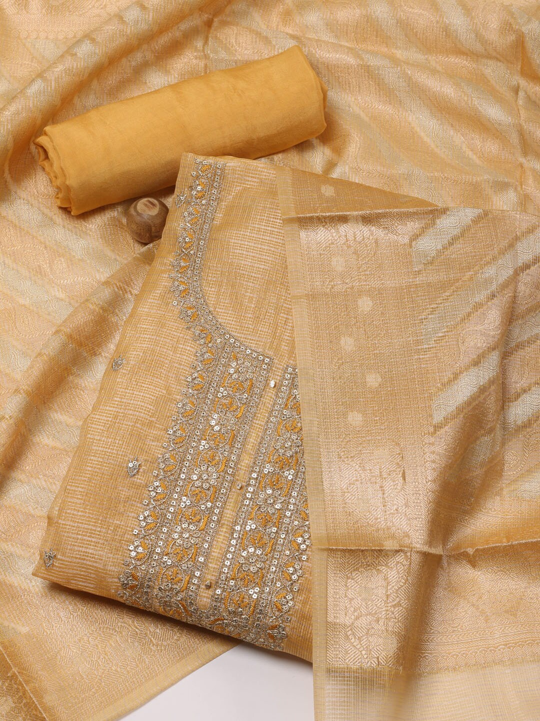 

Meena Bazaar Floral Embroidered Unstitched Dress Material, Mustard