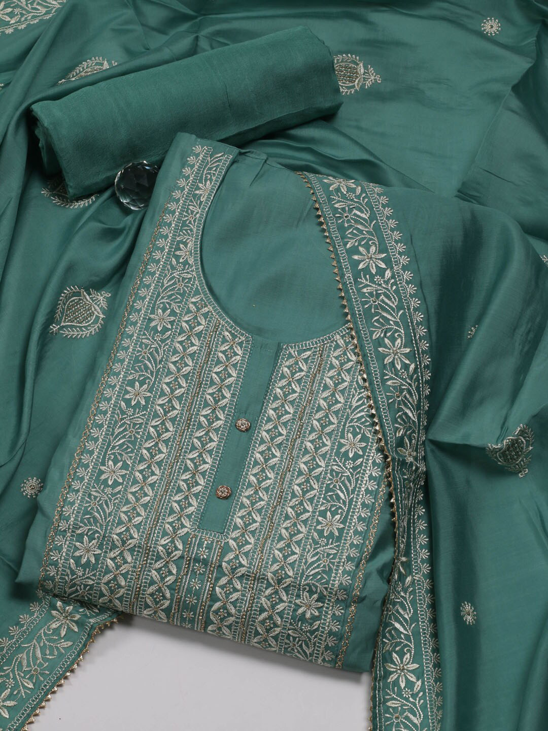 

Meena Bazaar Ethnic Motifs Embroidered Art Silk Unstitched Dress Material, Green