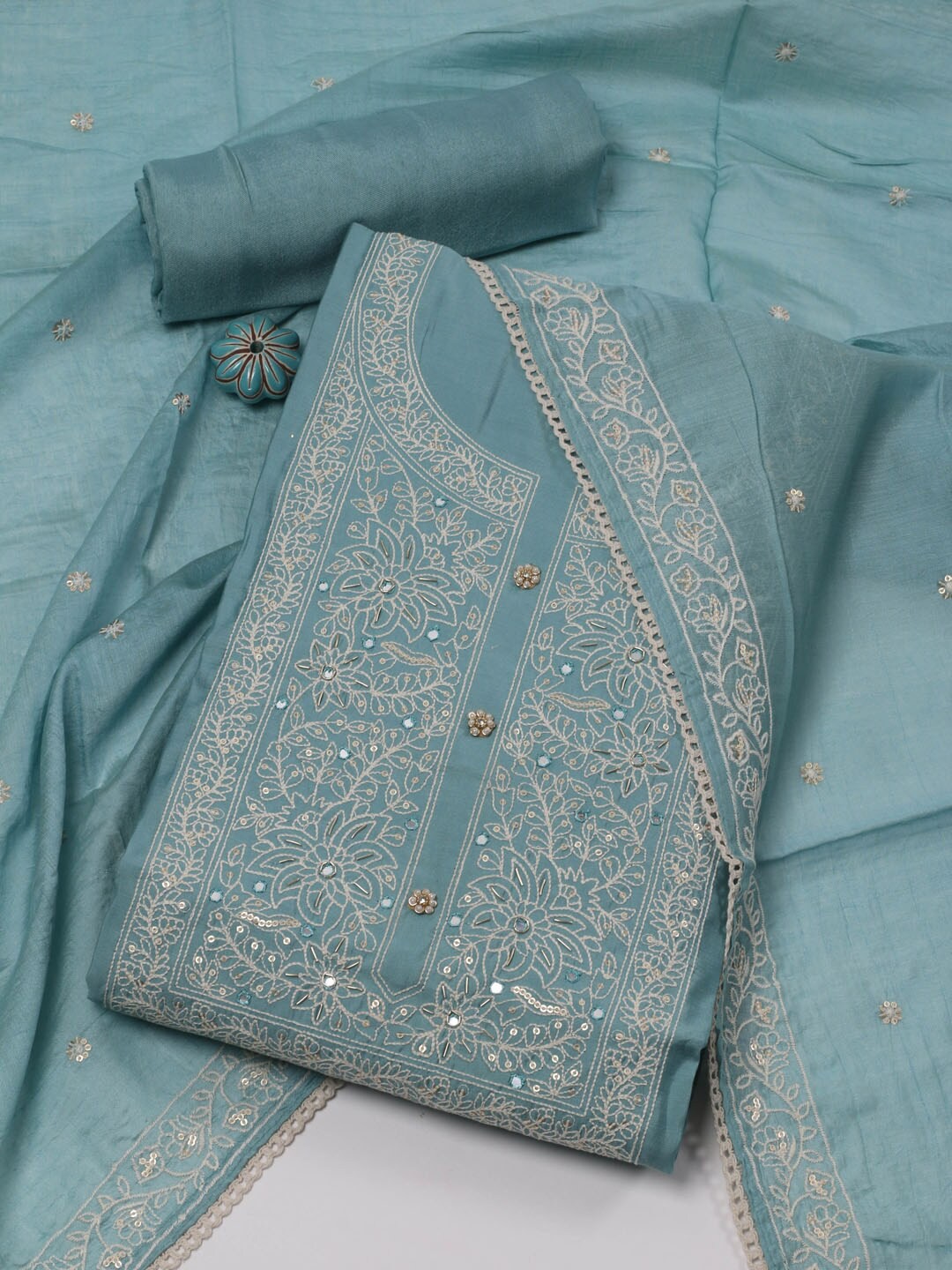 

Meena Bazaar Ethnic Motifs Embroidered Unstitched Dress Material, Blue