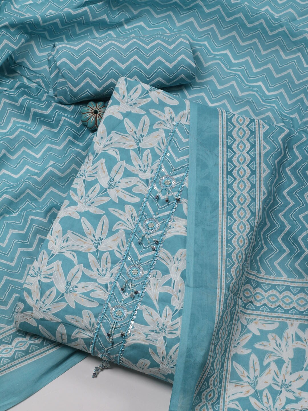 

Meena Bazaar Floral Printed Unstitched Dress Material, Blue