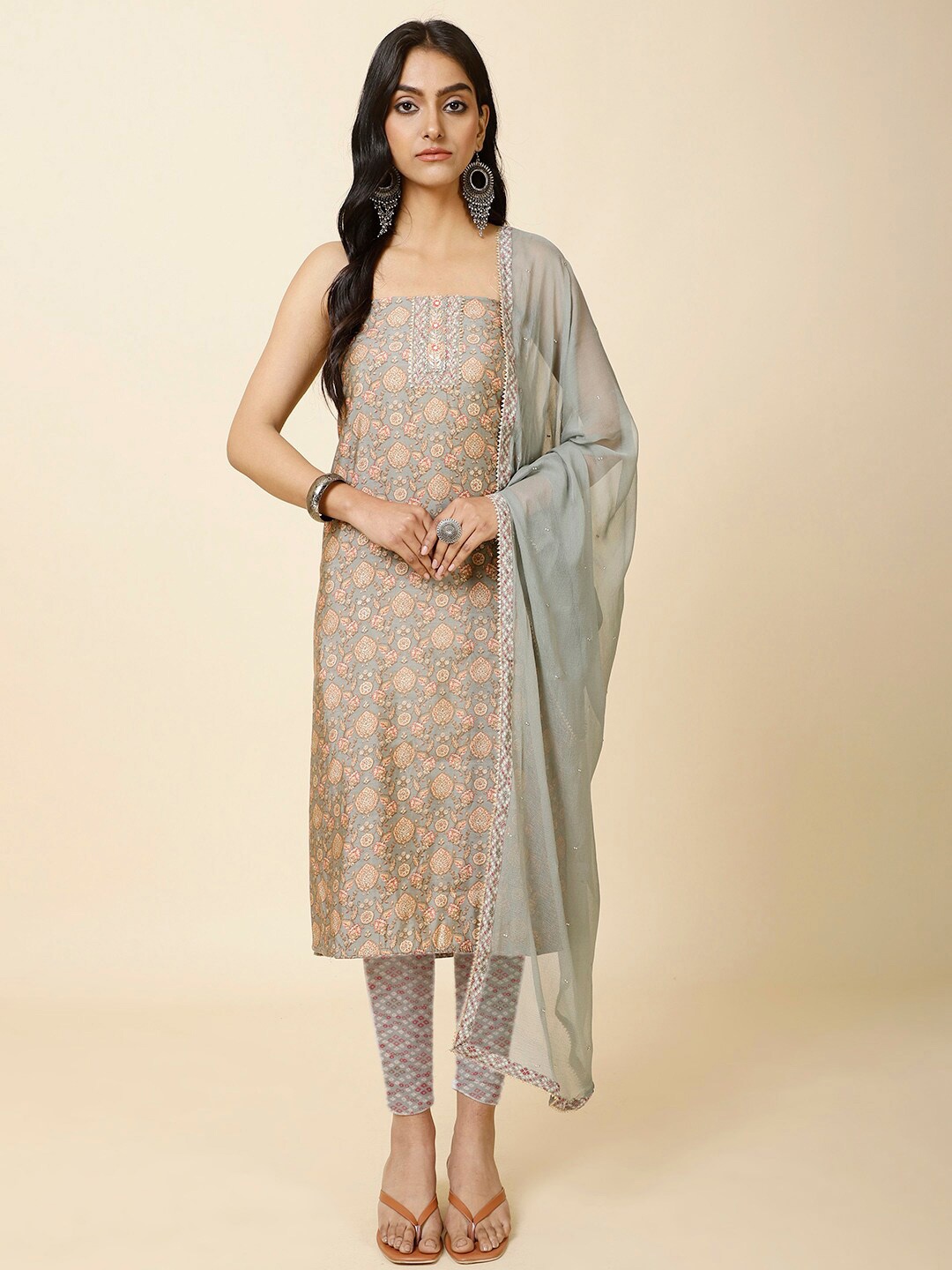 

Meena Bazaar Floral Printed Unstitched Dress Material, Grey