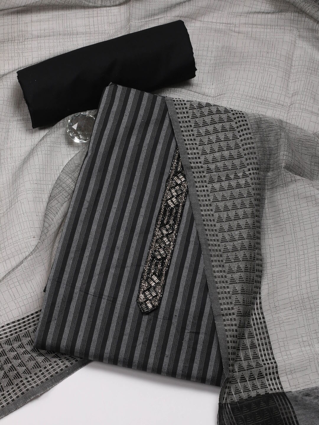 

Meena Bazaar Striped Woven Design Unstitched Dress Material, Grey