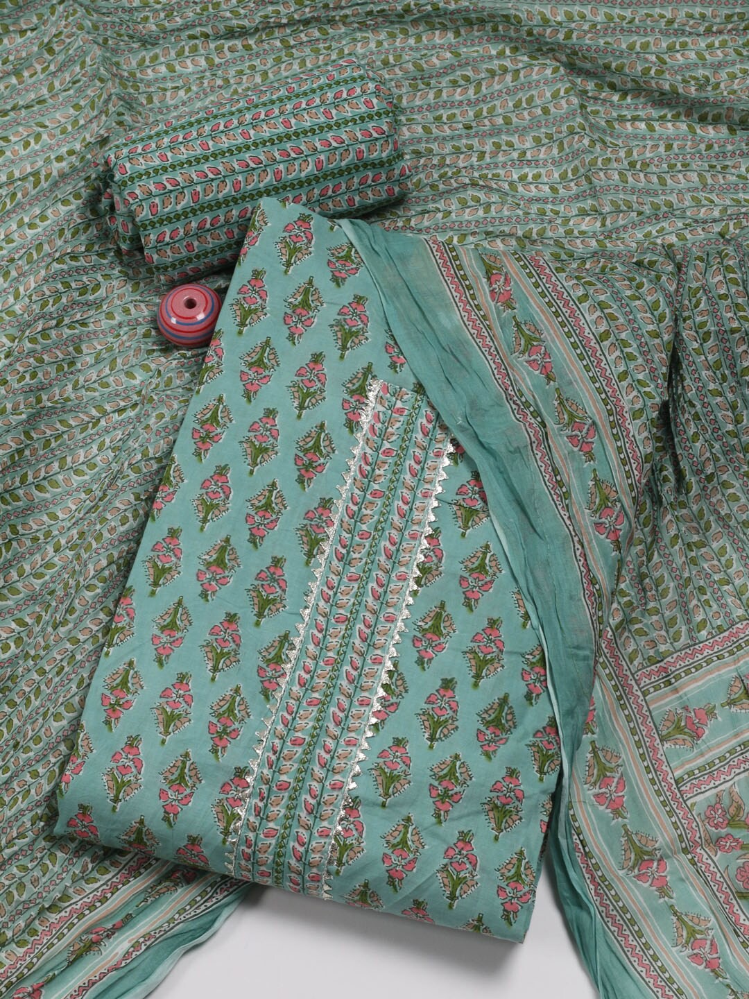 

Meena Bazaar Floral Printed Gotta Patti Unstitched Dress Material, Sea green