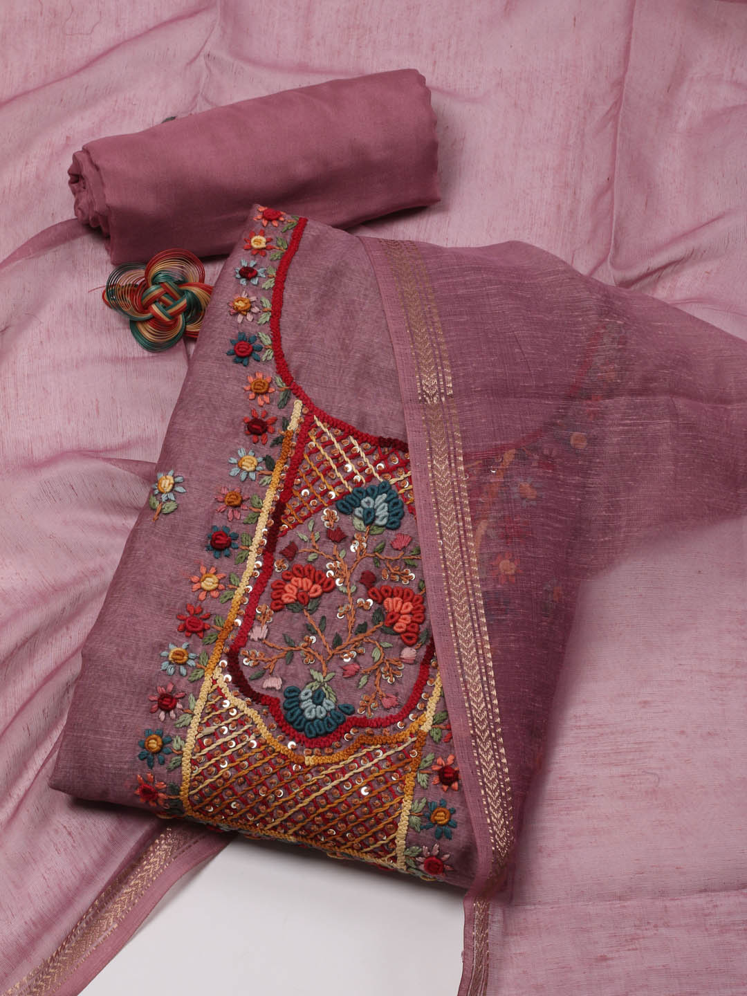 

Meena Bazaar Floral Embroidered Sequinned Art Silk Unstitched Dress Material, Pink