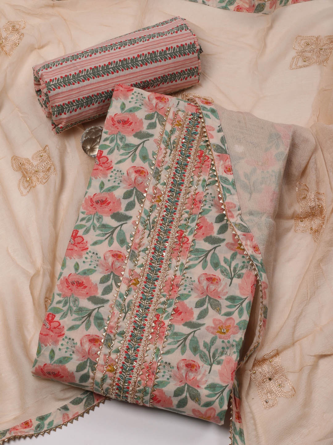 

Meena Bazaar Floral Printed Gotta Patti Unstitched Dress Material, Peach