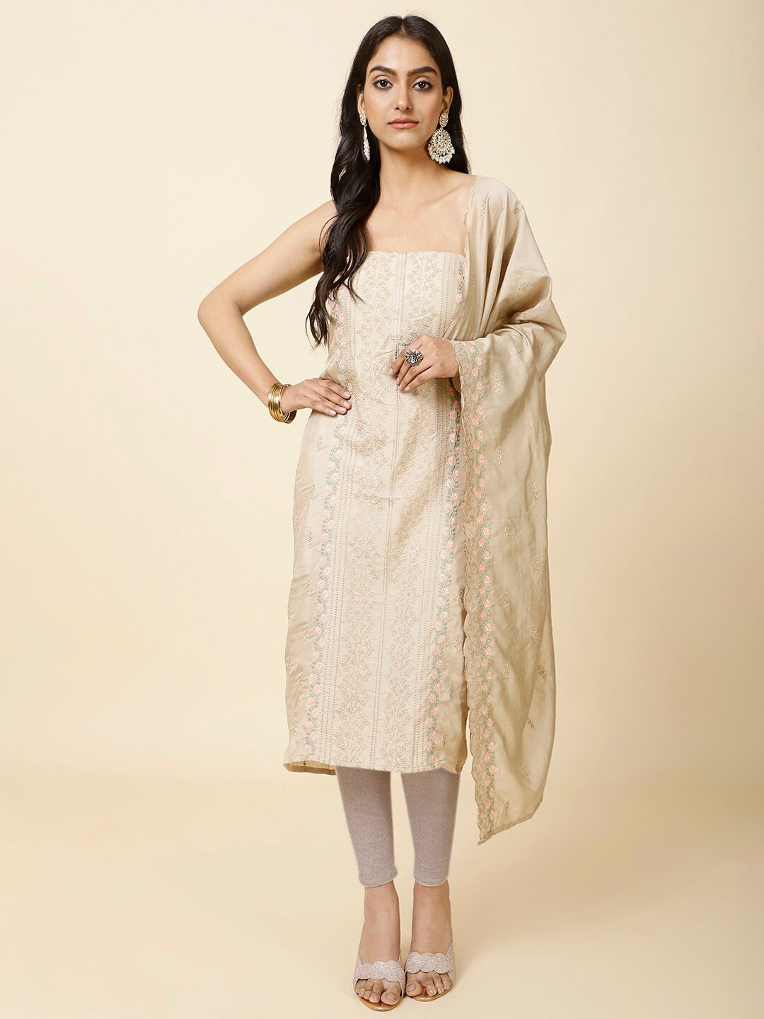 

Meena Bazaar Floral Embroidered Art Silk Unstitched Dress Material, Beige