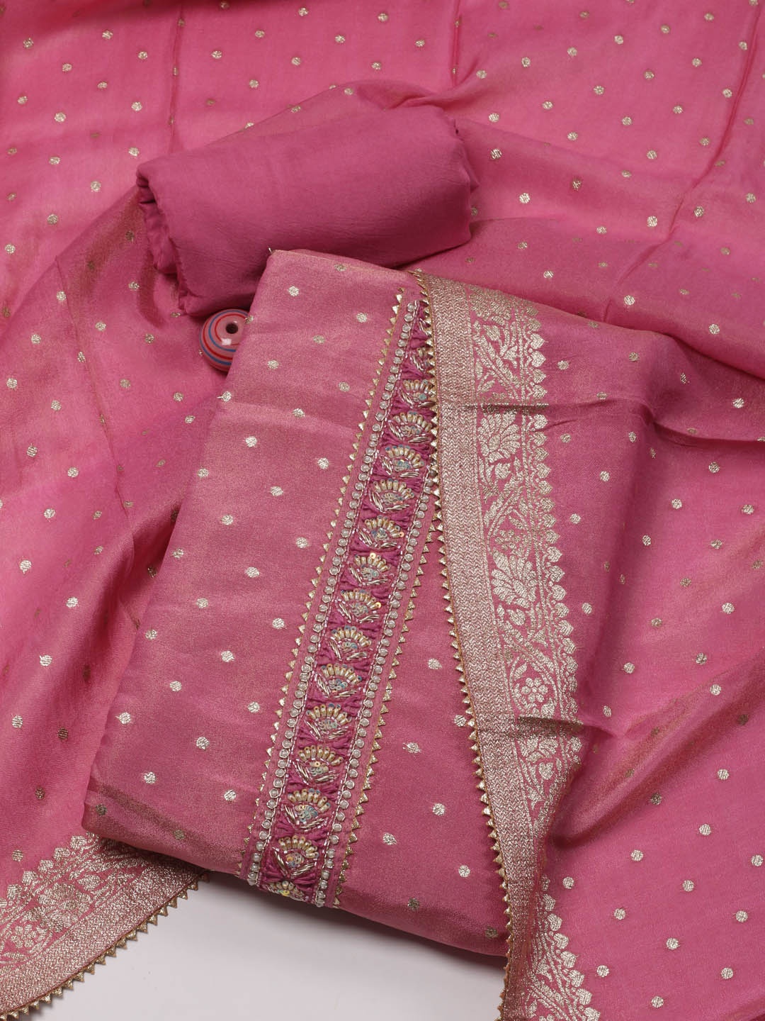 

Meena Bazaar Floral Woven Design Gotta Patti Art Silk Unstitched Dress Material, Pink