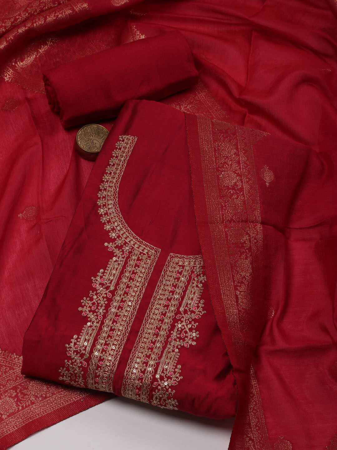 

Meena Bazaar Ethnic Motifs Embroidered Sequinned Art Silk Unstitched Dress Material, Red