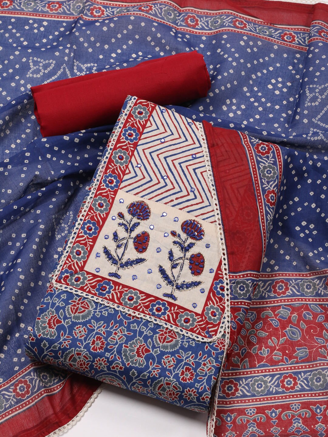

Meena Bazaar Floral Printed Mirror Work Unstitched Dress Material, Blue