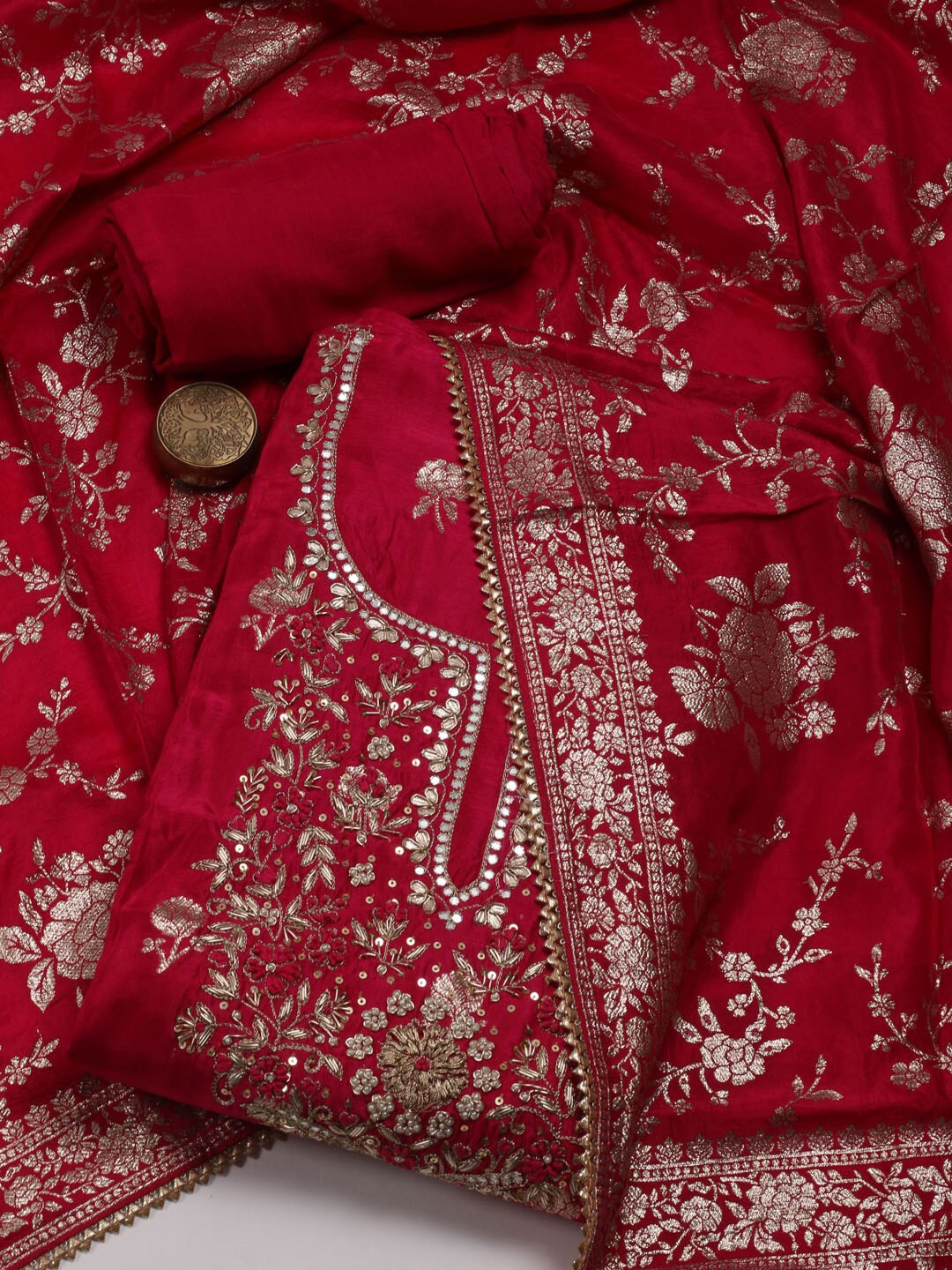 

Meena Bazaar Floral Woven Design Zari Unstitched Dress Material, Pink