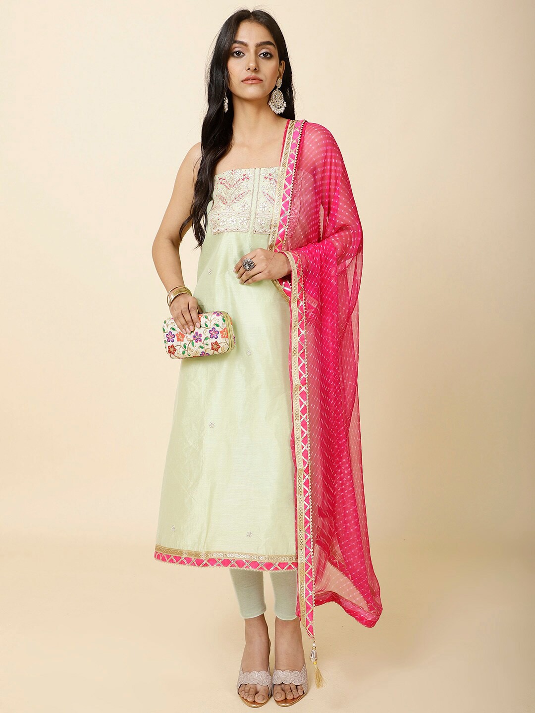 

Meena Bazaar Floral Embroidered Unstitched Dress Material, Lime green