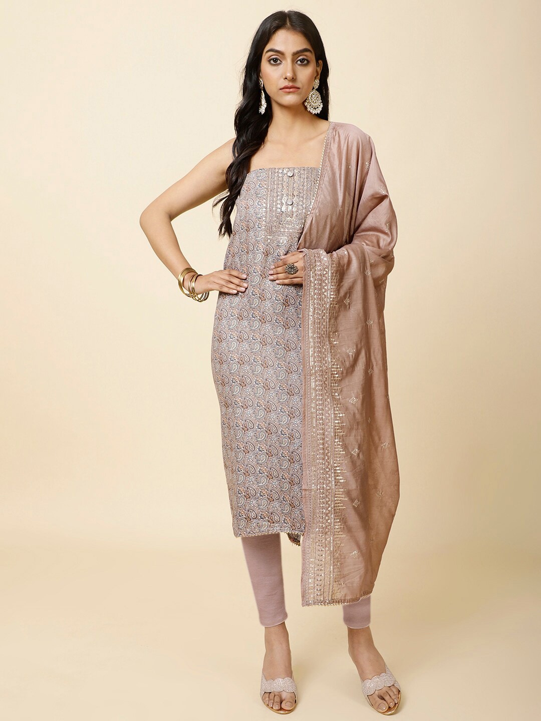

Meena Bazaar Paisley Printed Unstitched Dress Material, Brown