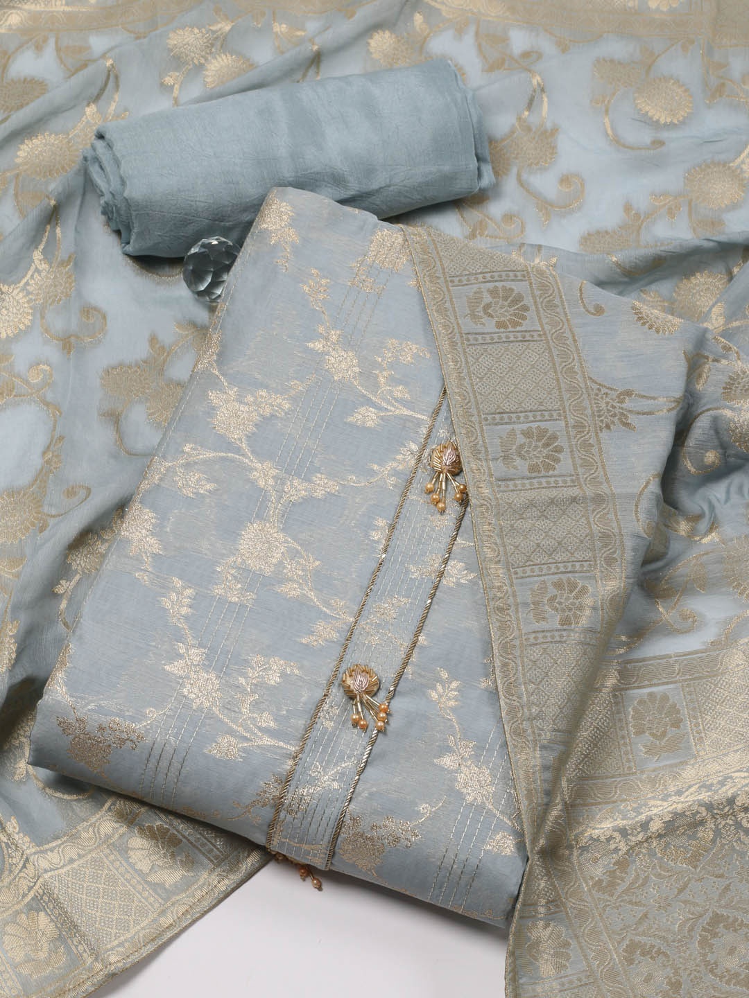 

Meena Bazaar Floral Woven Design Art Silk Unstitched Dress Material, Grey