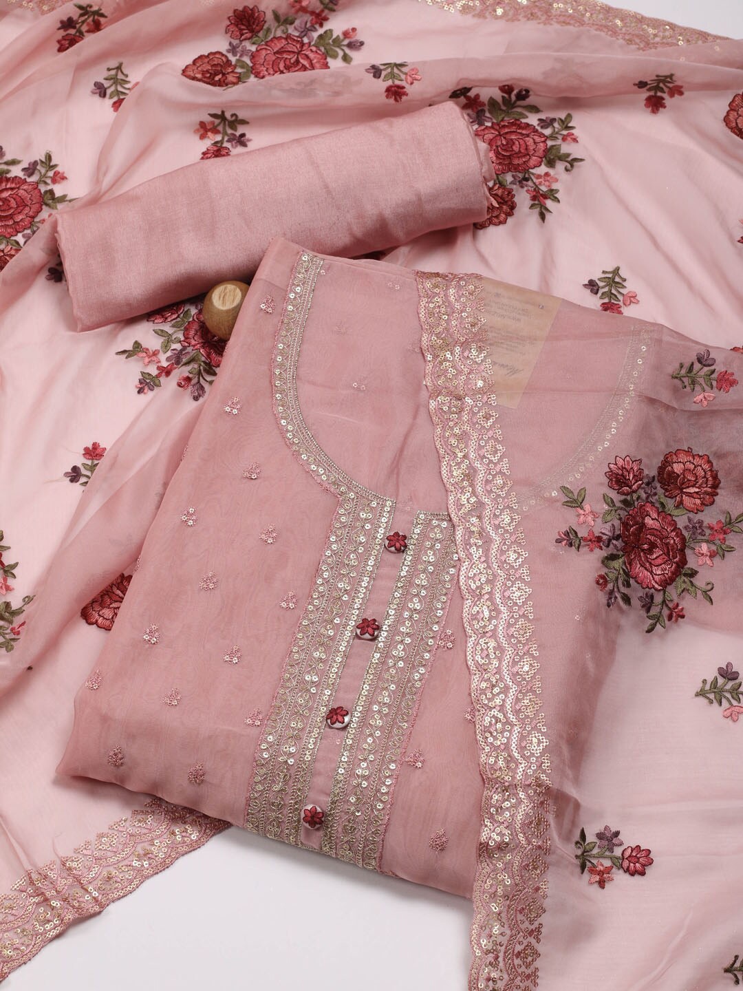 

Meena Bazaar Floral Embroidered Organza Unstitched Dress Material, Pink