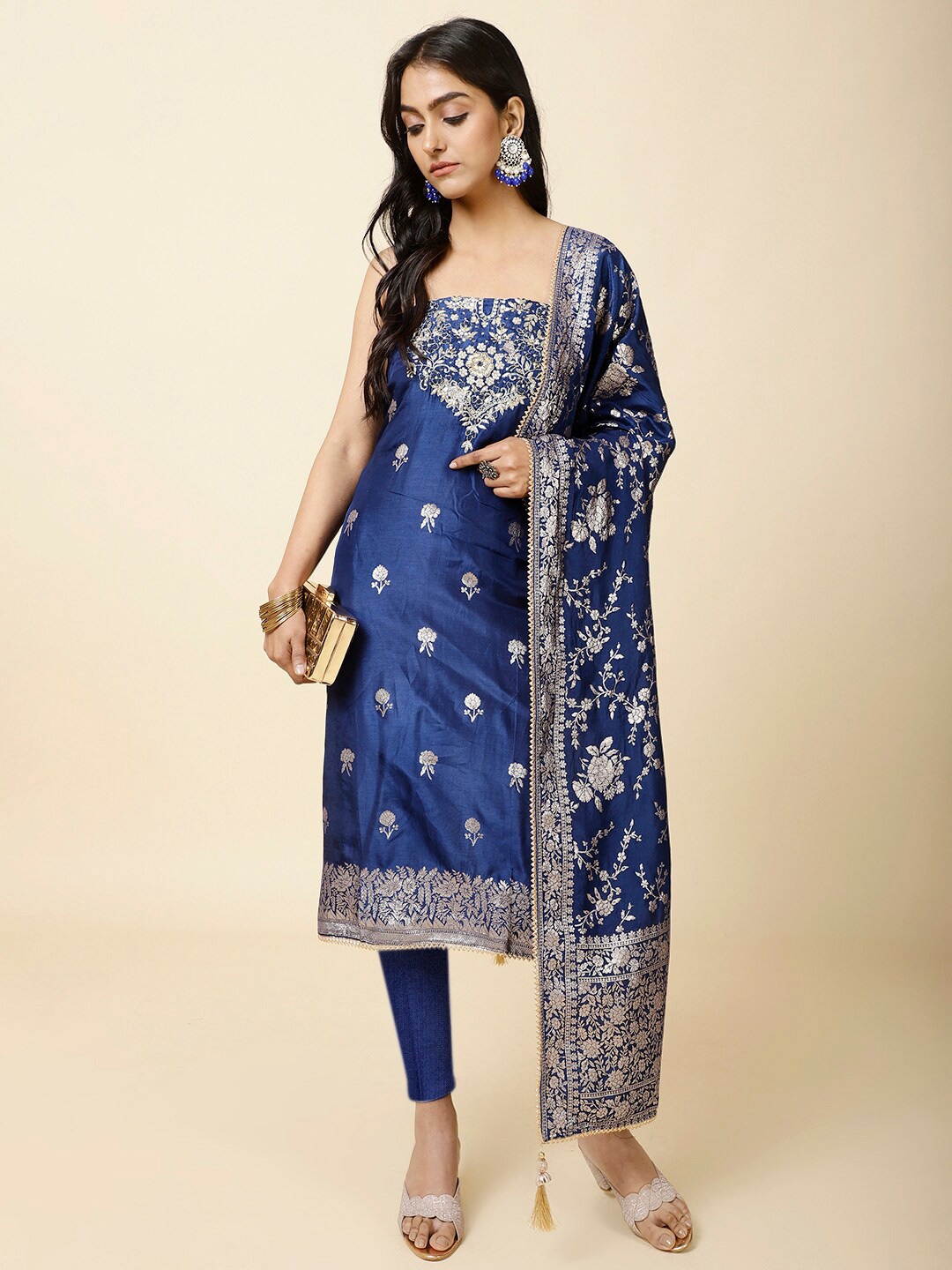 

Meena Bazaar Floral Woven Design Art Silk Unstitched Dress Material, Blue