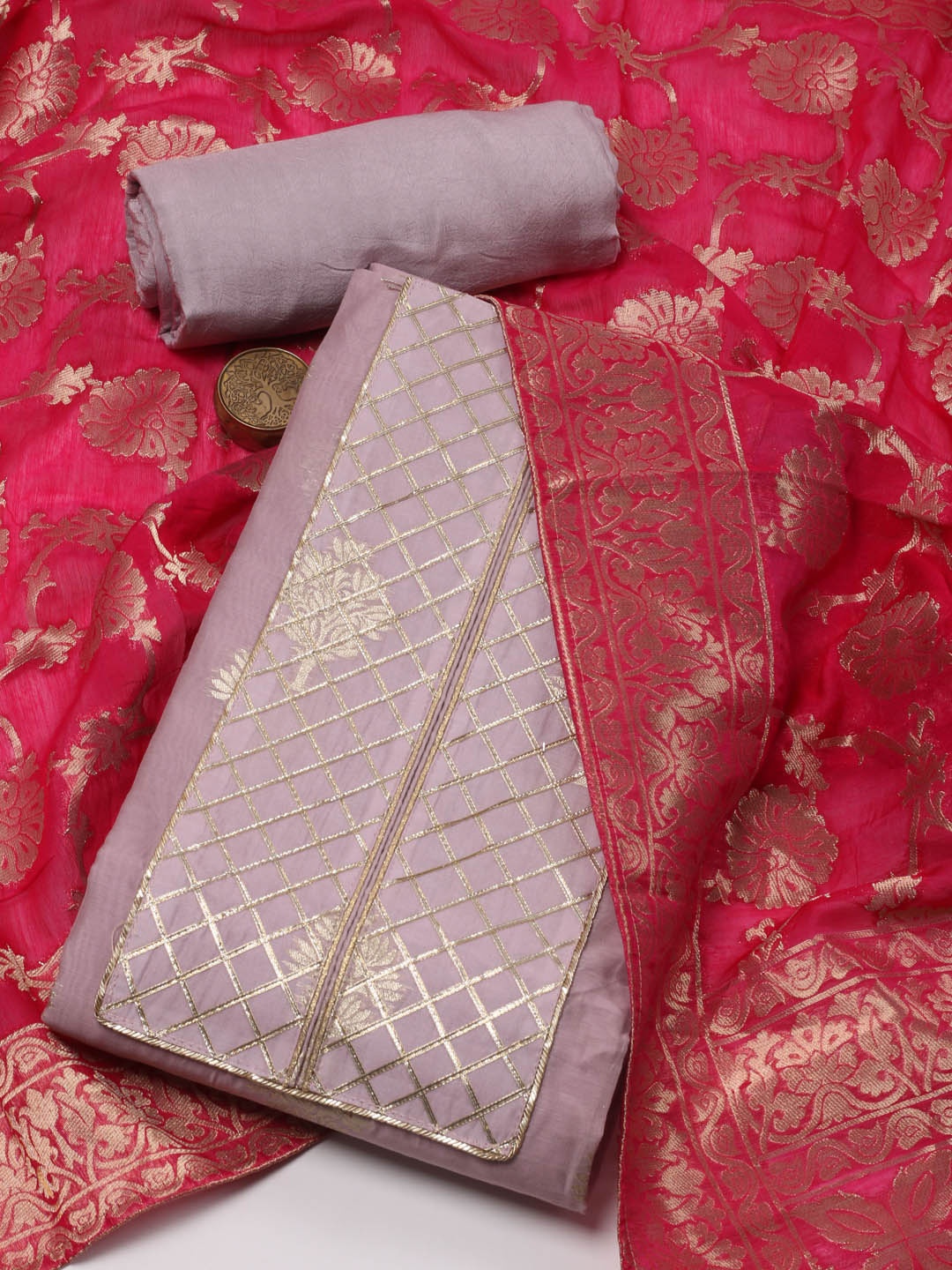 

Meena Bazaar Ethnic Motifs Woven Design Art Silk Unstitched Dress Material, Pink